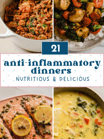 Pictures of four anti-inflammatory dinners with text reading "21 anti-inflammatory dinners nutritious & delicious"