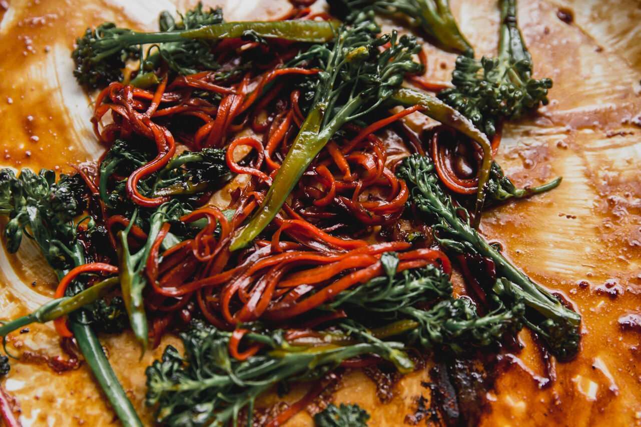 The vegetables in a pan after sauting.