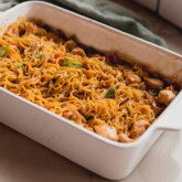 Gluten free ramen noodle bake in a large casserole dish.