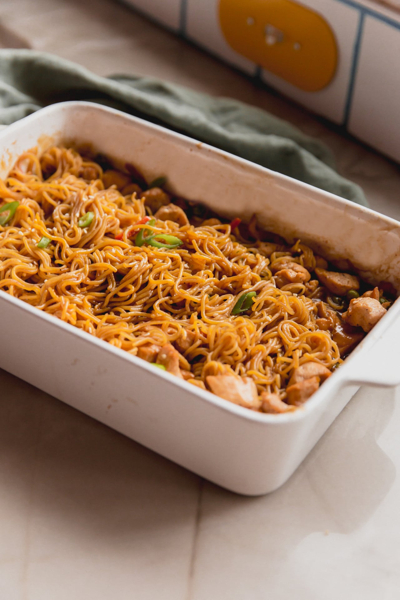 Gluten free ramen noodle bake in a large casserole dish.