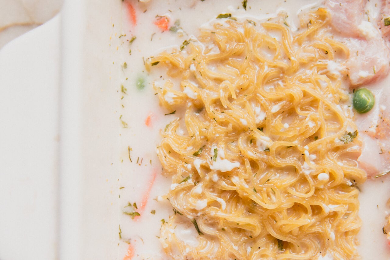 The casserole dish with coconut milk and cream cheese added to the ramen vegetables and chicken.