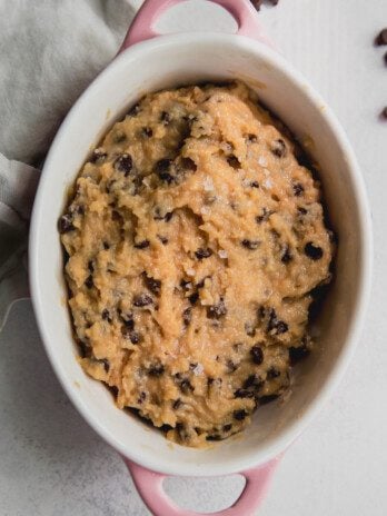High protein cookie dough in a pink dish.