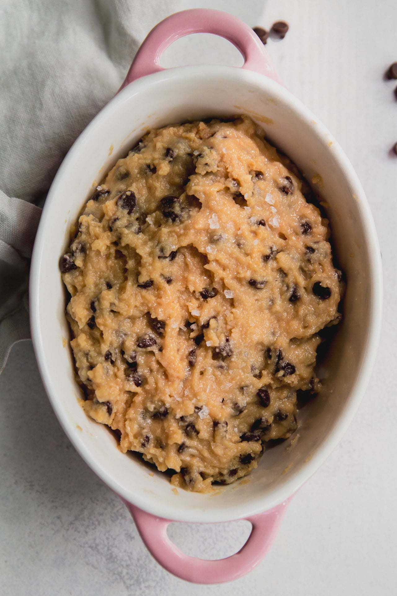 High protein cookie dough in a pink dish.