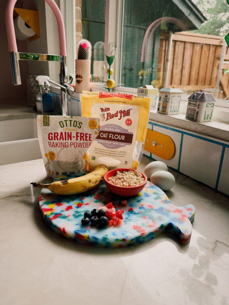 Berry protein breakfast cake ingredients laid out.