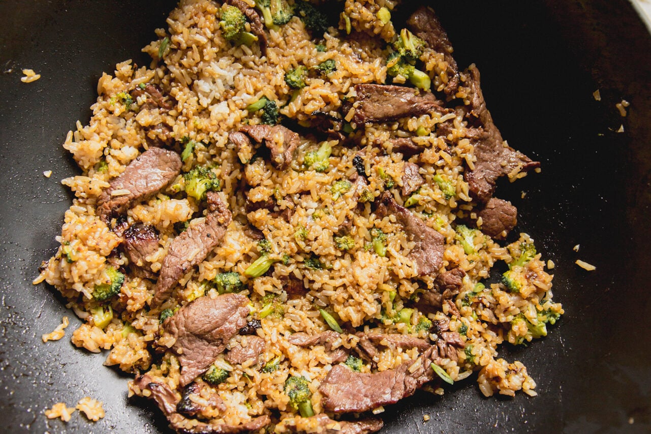 The finished beef and broccoli fried rice after cooking all the ingredients and combining.