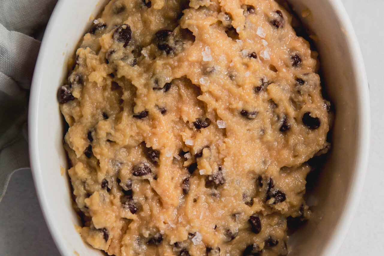 High protein cookie dough in a pink dish.