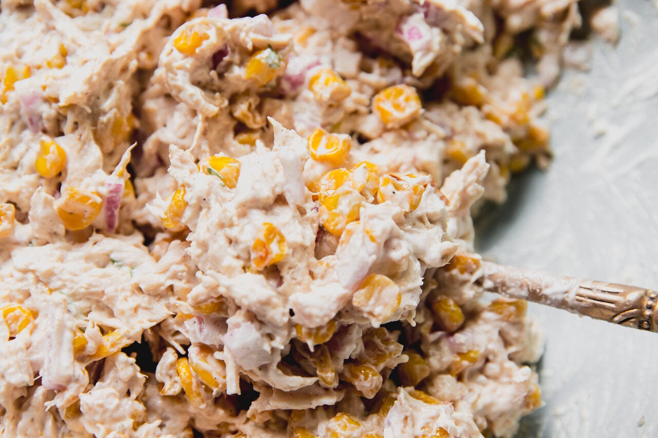 The street corn chicken salad after mixing.