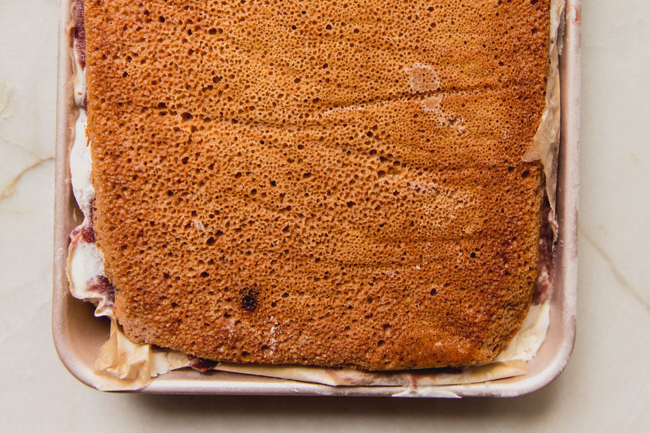 Ice cream cake in a rectangular pan.
