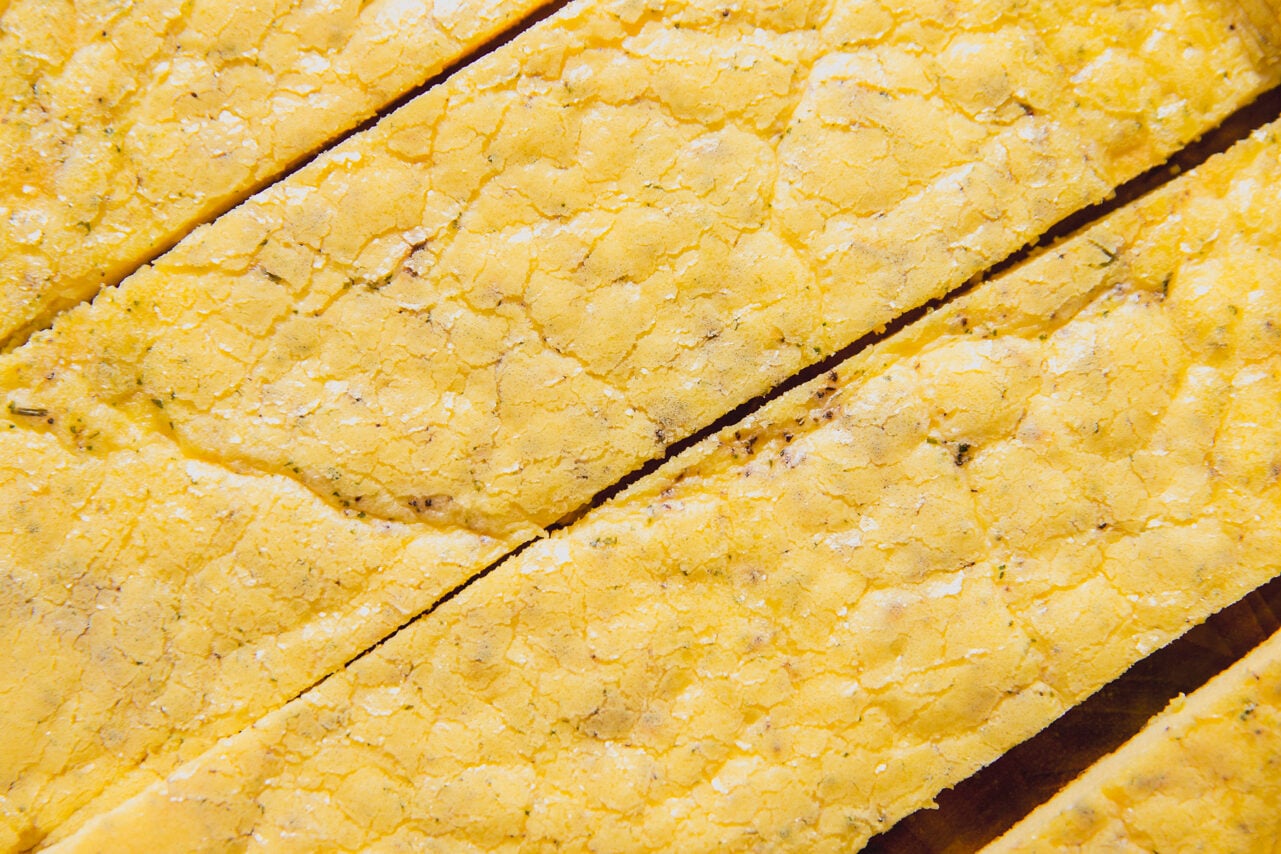 Strips of eggs after cooking before being added to the burrito,