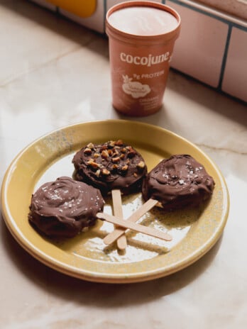 Three coconut froyo bars on a plate with yogurt in the background