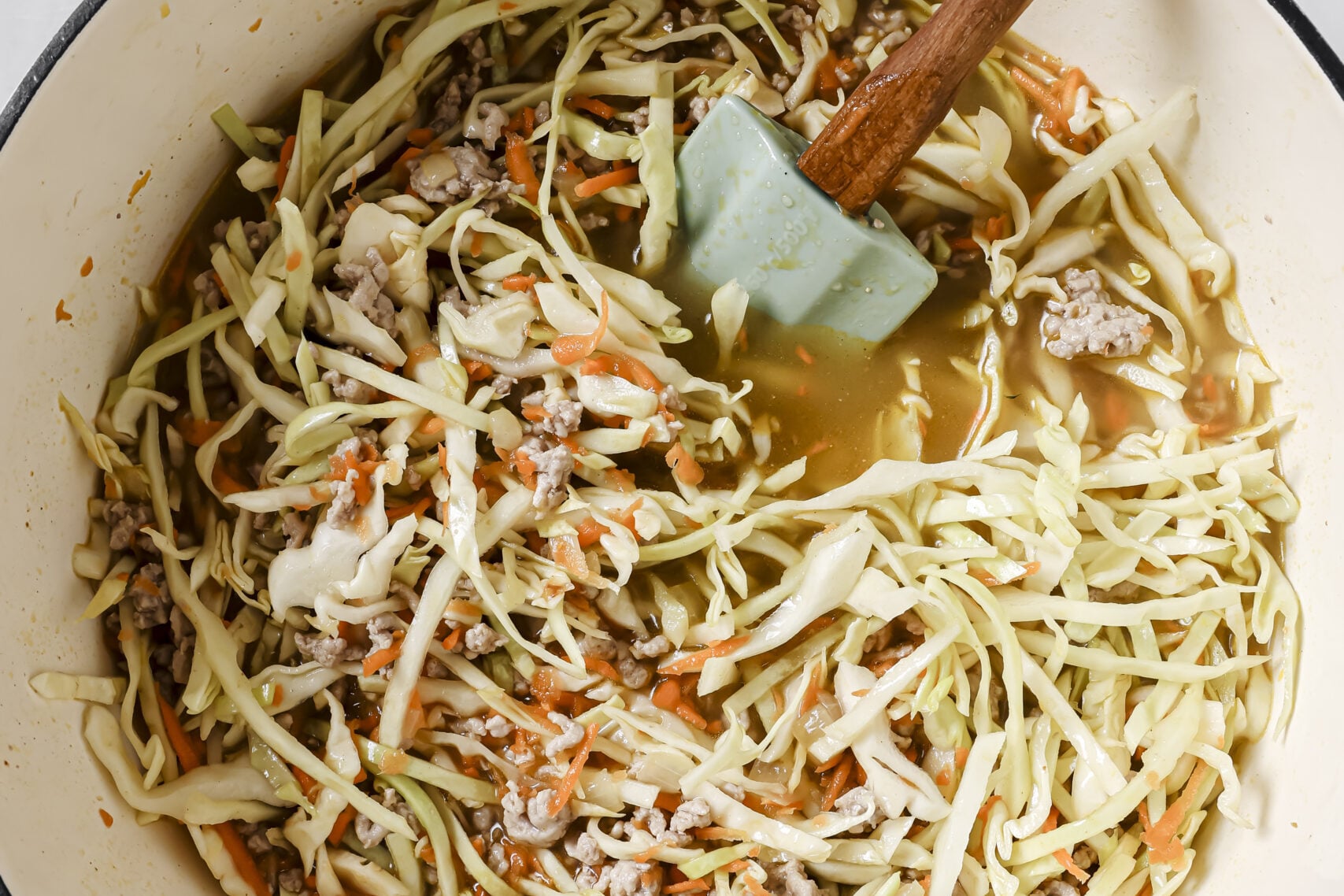 Egg roll soup before being simmered.