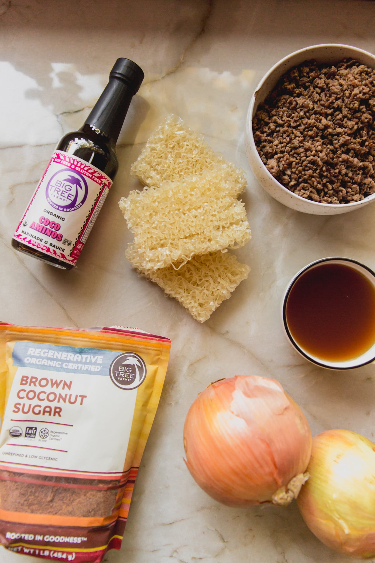 French onion ramen bake ingredients on a counter top